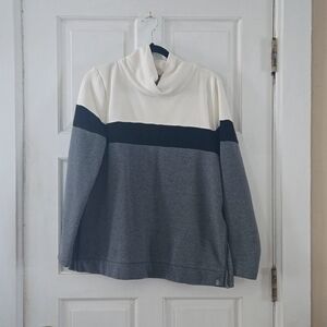 Cowl neck, tri-colored sweatshirt, side zippers